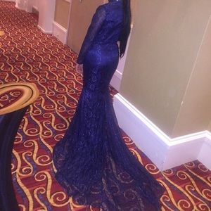 Navy blue lace gown with long train